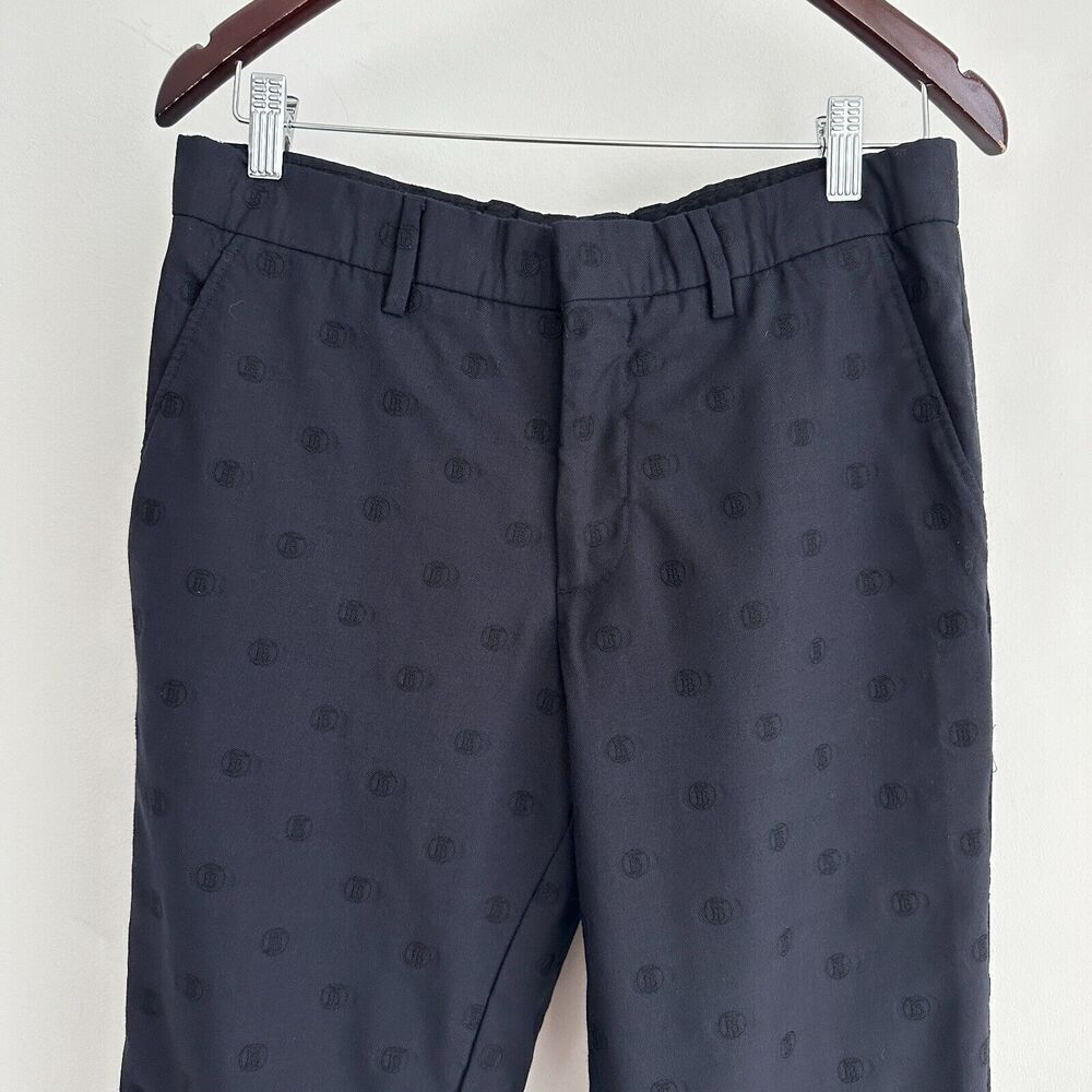 Burberry London Trousers Mens 30 x 28 Wool Monogram Embroidered Jacquard Navy